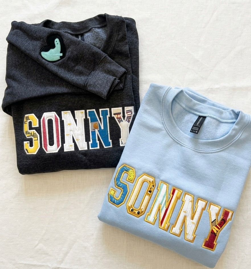 Custom Text Sweatshirt with Baby Clothes - Personalized Applique Keepsake Crewneck