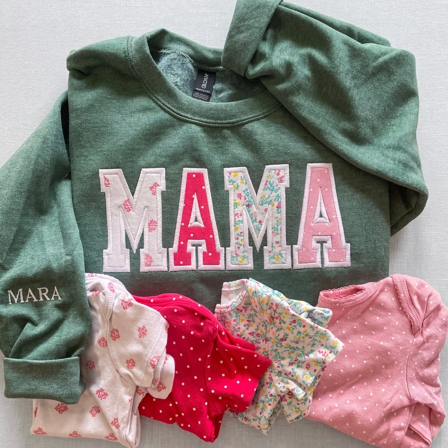 Mama Sweatshirt with Baby Clothes - Personalized Applique Keepsake Crewneck