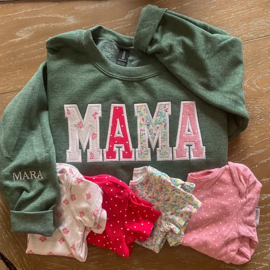 Custom Mama Sweatshirt with Baby Clothes - Personalized Applique Keepsake Crewneck
